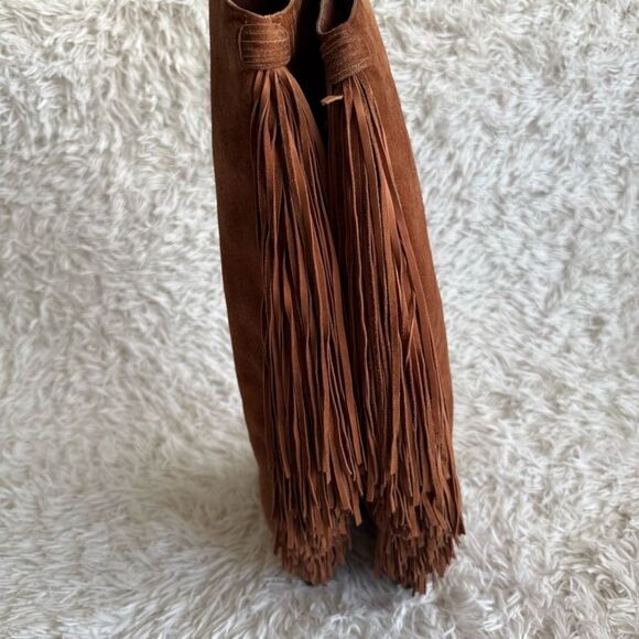 Christian Louboutin Cognac Brown Suede Wedge Boots with Fringe Size 37.5 - Picture 8 of 11